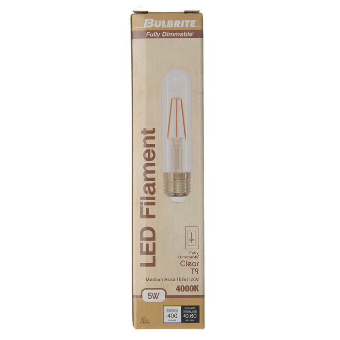 Bulbrite LED5T9/40K/5/FIL/3/JA8 5 Inch 5W LED T9 Tube E26 Base 4000K 400Lm 120V 90 CRI 320 Degree Beam Angle Dimmable Clear (776989)