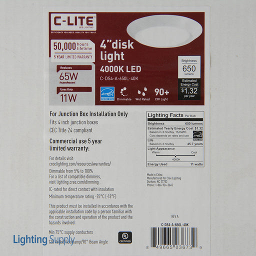 Cree C-Lite Disk Light 4 Inch 4000K Generation A (C-DS4-A-650L-40K)