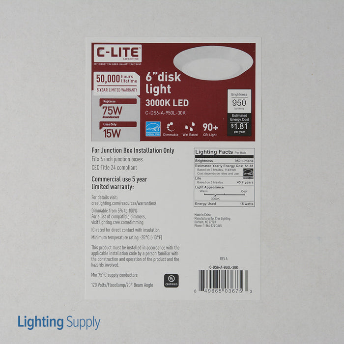 Cree C-Lite Disk Light 15W 6 Inch 3000K 90 CRI Generation A (C-DS6-A-950L-30K)