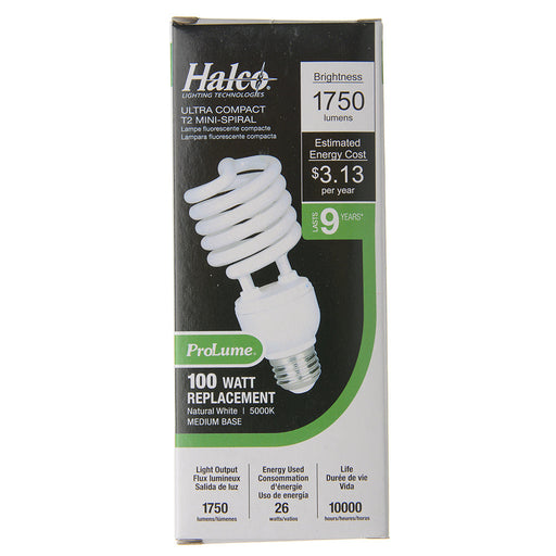 Halco CFL26/50/T2 26W Compact Fluorescent T2 Spirals 5000K 120V 82 CRI Medium E26 Base Prolume Self-Ballasted Bulb (45083)