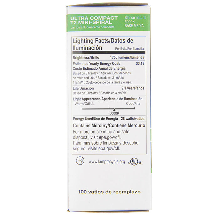 Halco CFL26/50/T2 26W Compact Fluorescent T2 Spirals 5000K 120V 82 CRI Medium E26 Base Prolume Self-Ballasted Bulb (45083)