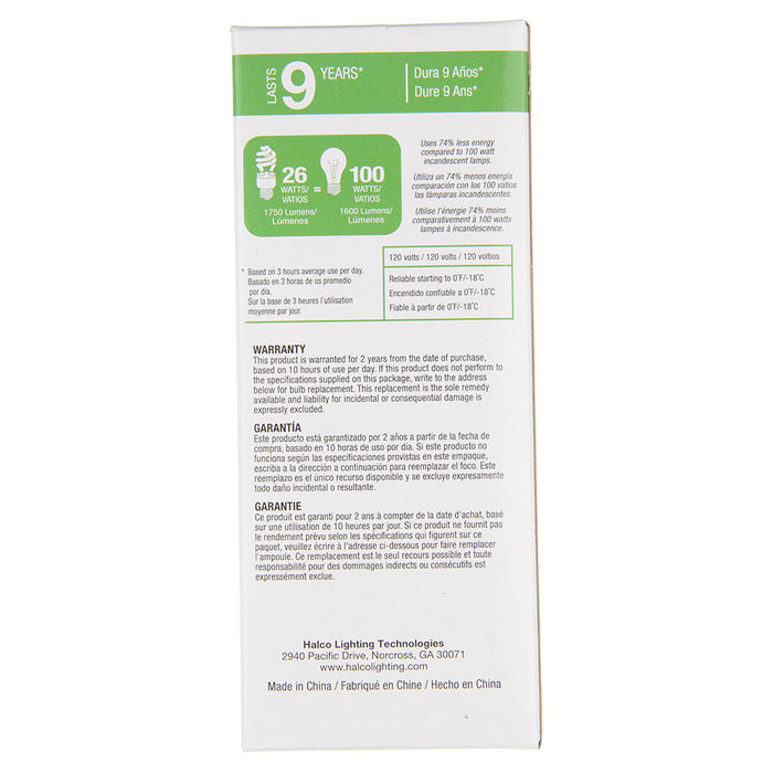 Halco CFL26/50/T2 26W Compact Fluorescent T2 Spirals 5000K 120V 82 CRI Medium E26 Base Prolume Self-Ballasted Bulb (45083)
