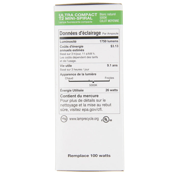 Halco CFL26/50/T2 26W Compact Fluorescent T2 Spirals 5000K 120V 82 CRI Medium E26 Base Prolume Self-Ballasted Bulb (45083)