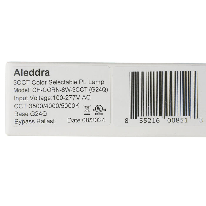 Aleddra 8W LED PL Lamp CCT Selectable 3500K/4000K/5000K 110-277V 360 Degree Beam Angle Dimmable G24Q Base (CH-CORN-8W-3CCT (G24Q))