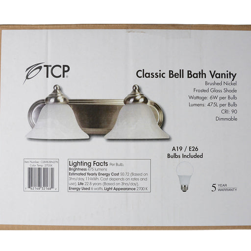 TCP LED Classic Bell Bath Vanity 2-Lamp 12W 950Lm 2700K 120V Triac Dimming Brushed Nickel (CLBVB2BN27K)