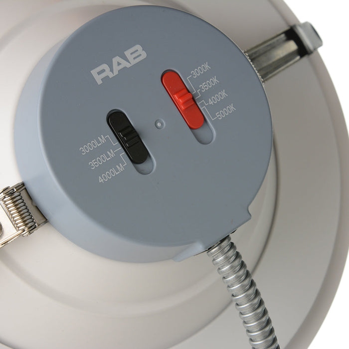 RAB Commercial Downlight 10 Inch Round Metallic White 32W/37W/43W 3000K/3500K/4000K/5000K Universal Voltage 0-10V Dimming 4 CCT (CRLEDFA-10R-43S-9CCT-UNV-WS)