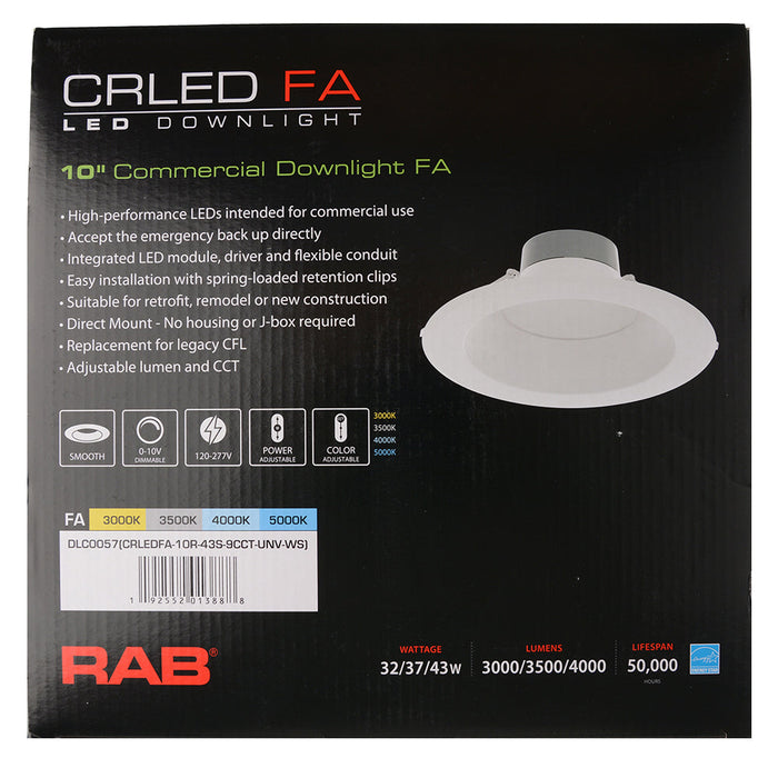 RAB Commercial Downlight 10 Inch Round Metallic White 32W/37W/43W 3000K/3500K/4000K/5000K Universal Voltage 0-10V Dimming 4 CCT (CRLEDFA-10R-43S-9CCT-UNV-WS)