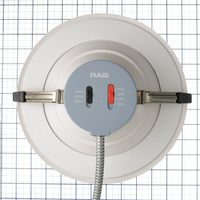 RAB Commercial Downlight 10 Inch Round Metallic White 32W/37W/43W 3000K/3500K/4000K/5000K Universal Voltage 0-10V Dimming 4 CCT (CRLEDFA-10R-43S-9CCT-UNV-WS)