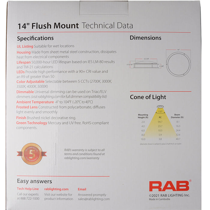 RAB Decorative FMFA 14 Inch Round Metal And Plastic 20W 1250Lm 120V 5 CCT 90 CRI Triac Dimming (CRVFAD-14R-20-9CCT-120-BN)
