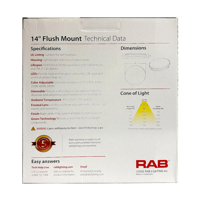 RAB FMFA 14 Inch Round White 20W 1500Lm 90 CRI 5 CCT Universal Voltage Triac Dimming (CRVFAS-14R-20-9CCT-UNVT-W)
