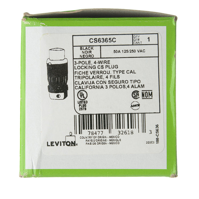 Leviton 50Amp 125/250VAC Non-NEMA 3P 4W Black And White Locking Plug Industrial Grade Grounding California-Style(CS) Black-White (CS6365C)