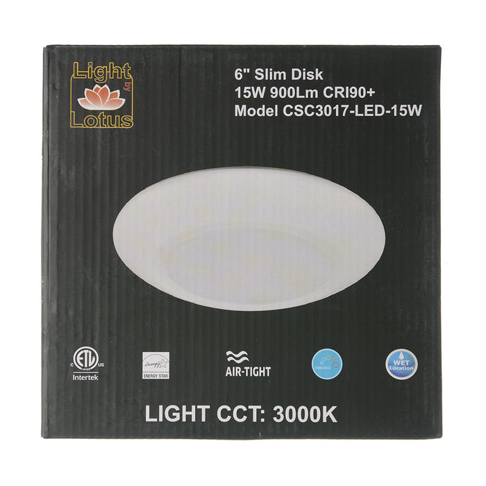 Lotus LED Lights 6 Inch Round Surface Mount Backlit LED Disk 15W 3000K 900Lm Wet Locations 90 CRI (CSC3017-LED-15W-3K-WH)