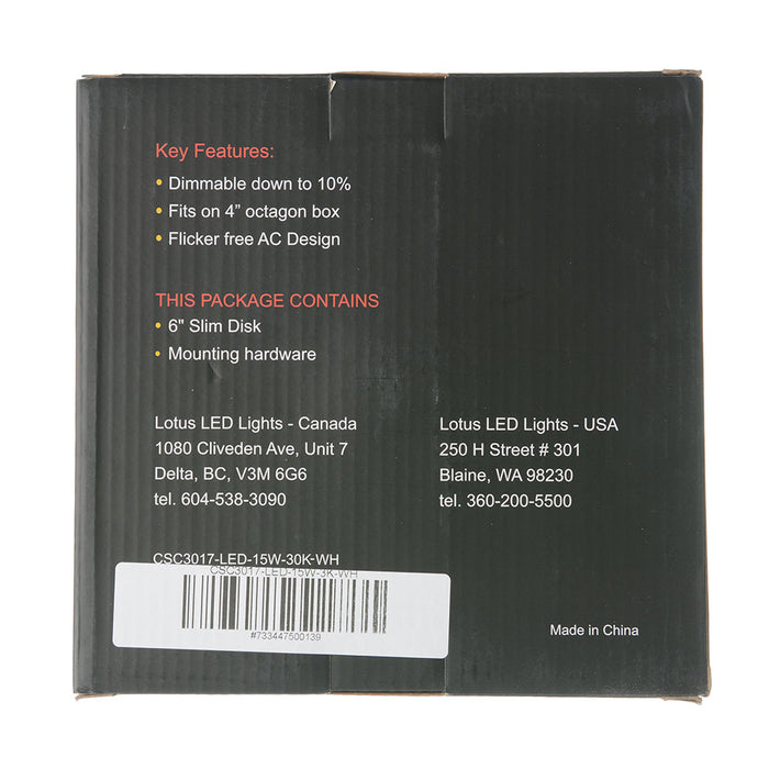 Lotus LED Lights 6 Inch Round Surface Mount Backlit LED Disk 15W 3000K 900Lm Wet Locations 90 CRI (CSC3017-LED-15W-3K-WH)