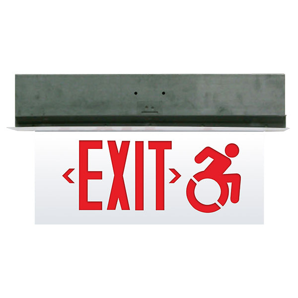 Exitronix Connecticut Approved Exit Modified ADA Symbol Double Face Red Letters Mirror Panel NiCad Battery Ceiling Recessed Mount Brushed Aluminum Finish (CT903E-CR-WB-RM-BA)