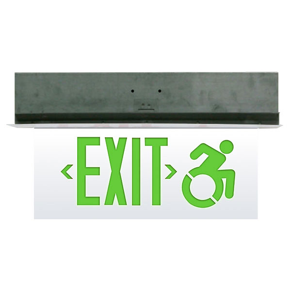Exitronix Connecticut Approved Exit Modified ADA Symbol Single Face Ceiling/Recessed Mount AC Only Green Letters Mirror Panel Brushed Aluminum Finish (CT902E-CR-LB-GM-BA)