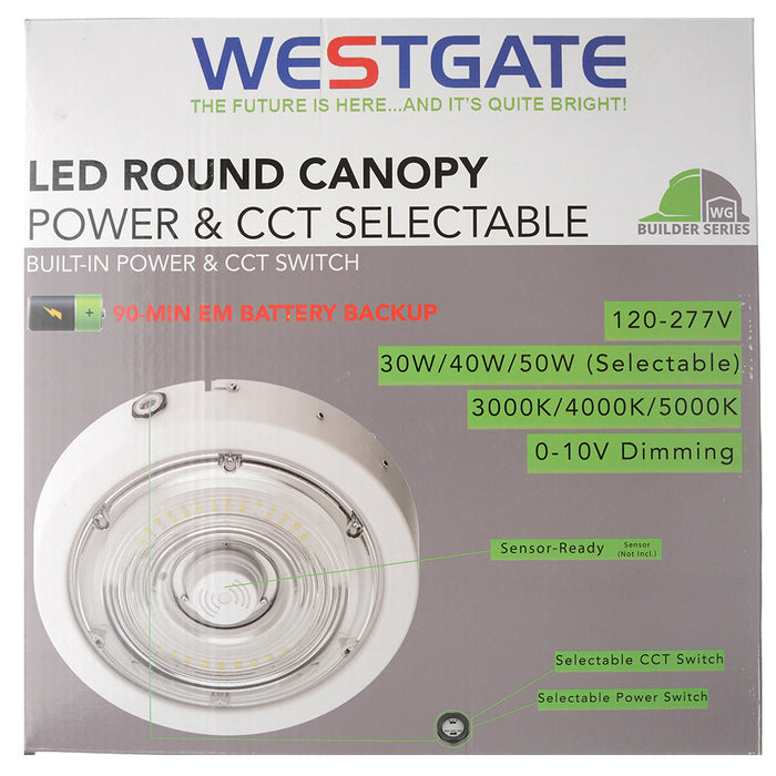 Westgate Manufacturing Builder Series Indoor Round Canopy Light Wattage/CCT Selectable 30W/40W/50W 3000K/4000K/5000K Sensor Ready Emergency Backup White (CXER-30-50W-MCTP-SR-EM-WH)