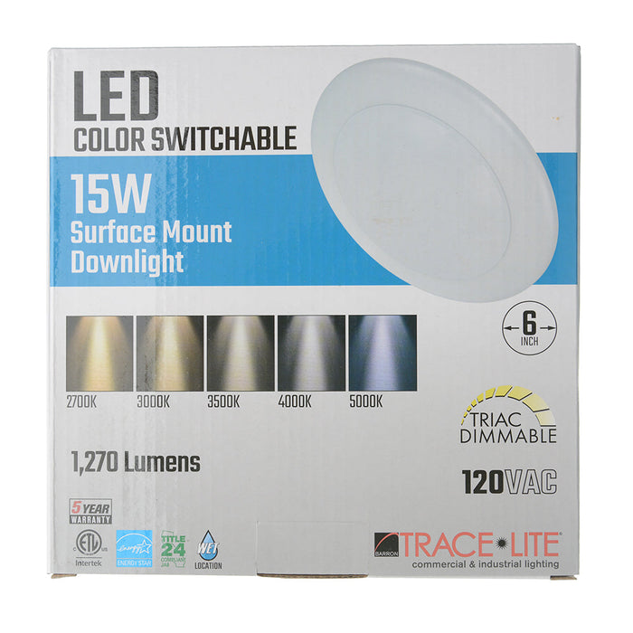 Trace-Lite LED Surface Mount Dome Downlight 6 Inch 15W 120Vac CCT Selectable 2700K/3000K/3500K/4000K/5000K White Finish (DDX-D6-15-C5)
