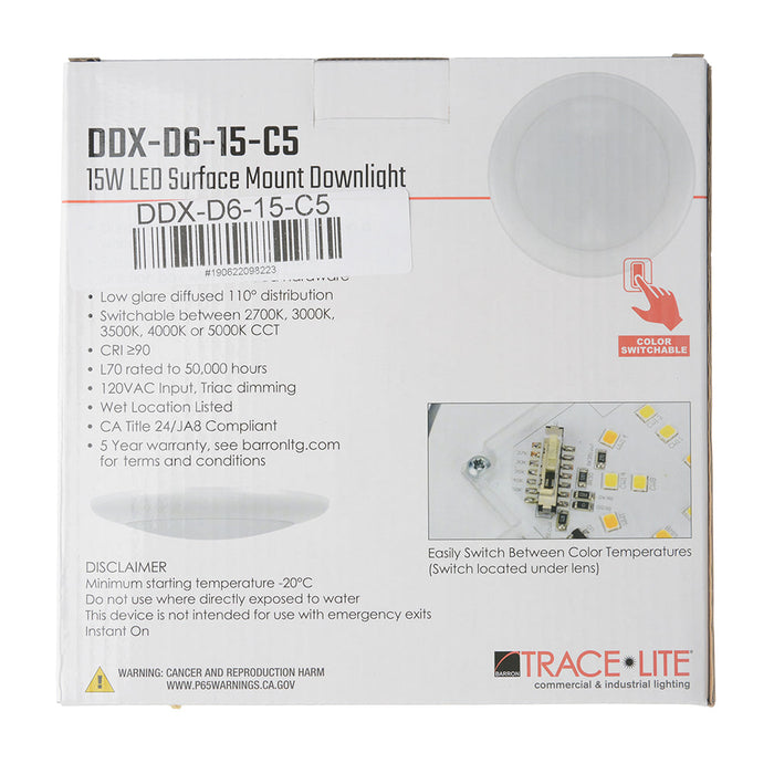 Trace-Lite LED Surface Mount Dome Downlight 6 Inch 15W 120Vac CCT Selectable 2700K/3000K/3500K/4000K/5000K White Finish (DDX-D6-15-C5)