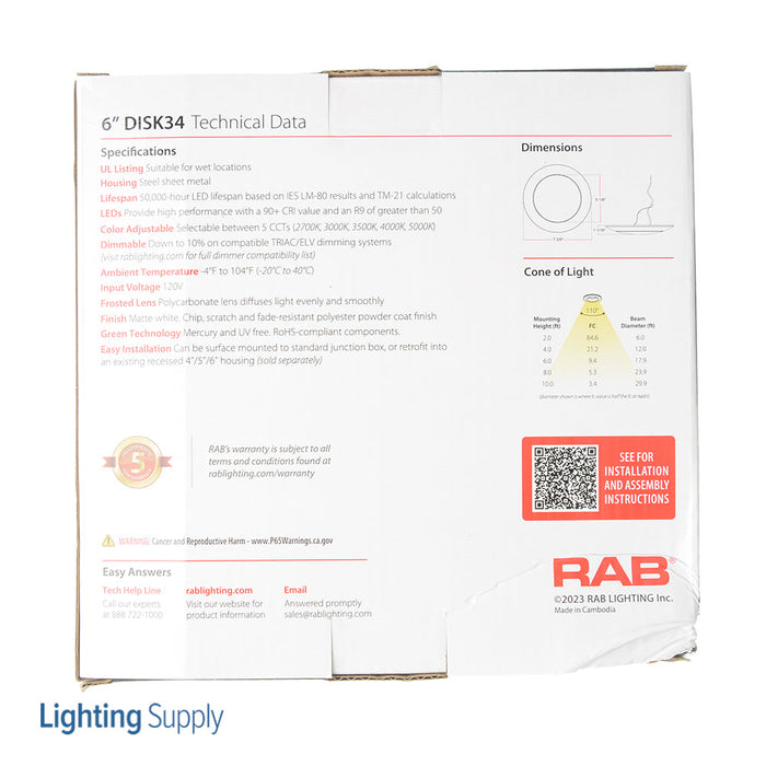 RAB 6 Inch Disk34 LED Surface Mount Disk Light 15W 1000Lm 90 CRI CCT Adjustable 2700K/3000K/3500K/4000K/5000K 120V Triac Dimming Round White (DISK34-6)