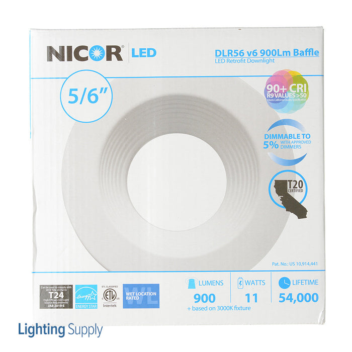 NICOR DLR56(v6) 5/6 Inch White 900Lm 3000K Recessed LED Downlight With Baffle (DLR566091203KWHBF)