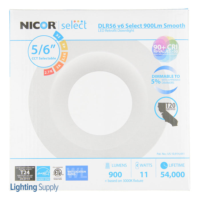 NICOR DLR56(v6) 5/6 Inch White 900Lm Selectable Recessed LED Downlight (DLR56609120SWH)