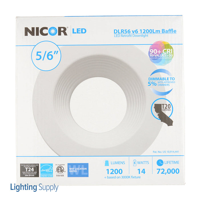 NICOR DLR56(v6) 5/6 Inch White 1200Lm 3000K Recessed LED Downlight With Baffle (DLR566121203KWHBF)
