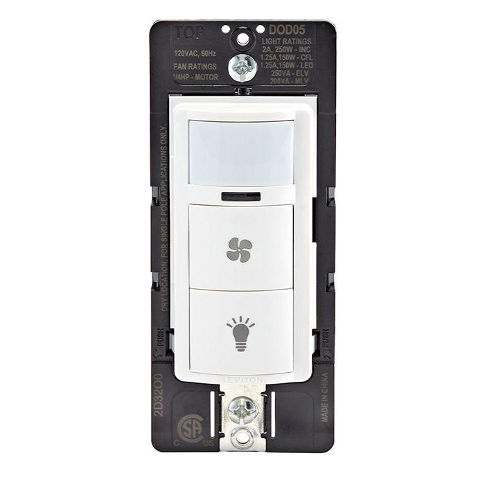 Leviton Decora In-Wall Combination Occupancy Sensor With Fan Switch 1/4 HP Residential Grade Single Pole/Single Pole 5A 120V White (DOD05-1LW)
