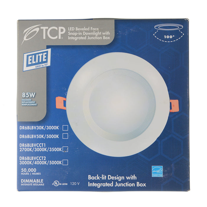 TCP 14W 6 Inch Beveled Snap-In Downlight CCT Selectable 2700K/3000K/3500K 1100Lm 100 Degree Beam Angle 80 CRI Dimmable (DR6BLBVCCT1)