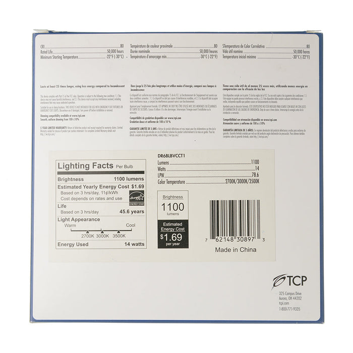 TCP 14W 6 Inch Beveled Snap-In Downlight CCT Selectable 2700K/3000K/3500K 1100Lm 100 Degree Beam Angle 80 CRI Dimmable (DR6BLBVCCT1)