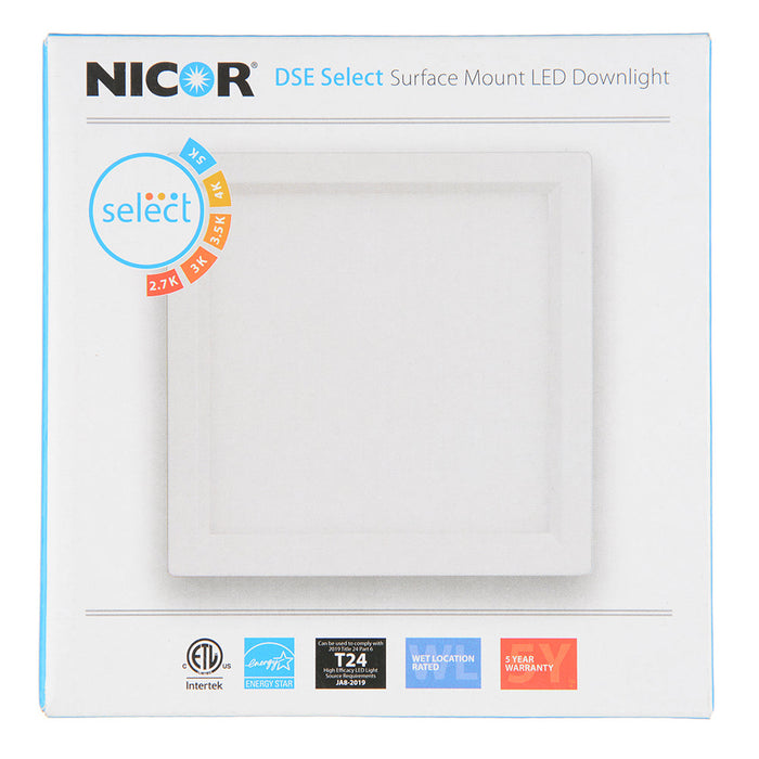 NICOR DSE 4-Inch 10.7W White Square LED Surface Mount Downlight CCT Selectable 2700K/3000K/3500K/4000K/5000K 120V (DSE43120SSQWH)