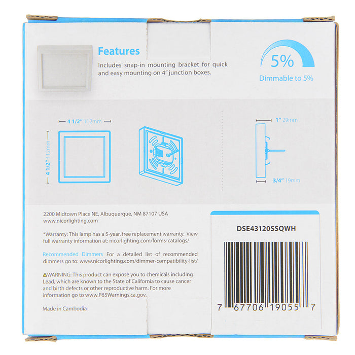 NICOR DSE 4-Inch 10.7W White Square LED Surface Mount Downlight CCT Selectable 2700K/3000K/3500K/4000K/5000K 120V (DSE43120SSQWH)