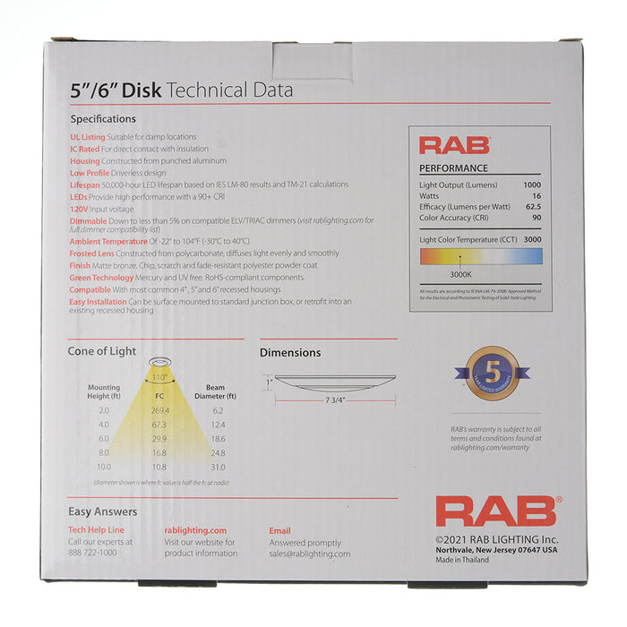 RAB Economy Disk 6 Inch 16W 90 CRI Round 3000K 950Lm 120V Smooth Bronze (DSK34-6R16930120BRS)