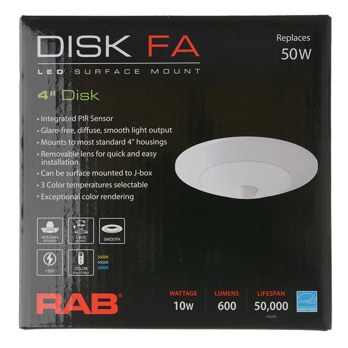 RAB Economy Disk PIR 4 Inch Round Metallic White 10W 600Lm 120V 3000K/4000K/5000K 90 CRI Triac Dimming (DSKFA-4R109CCT120WS/PIR)