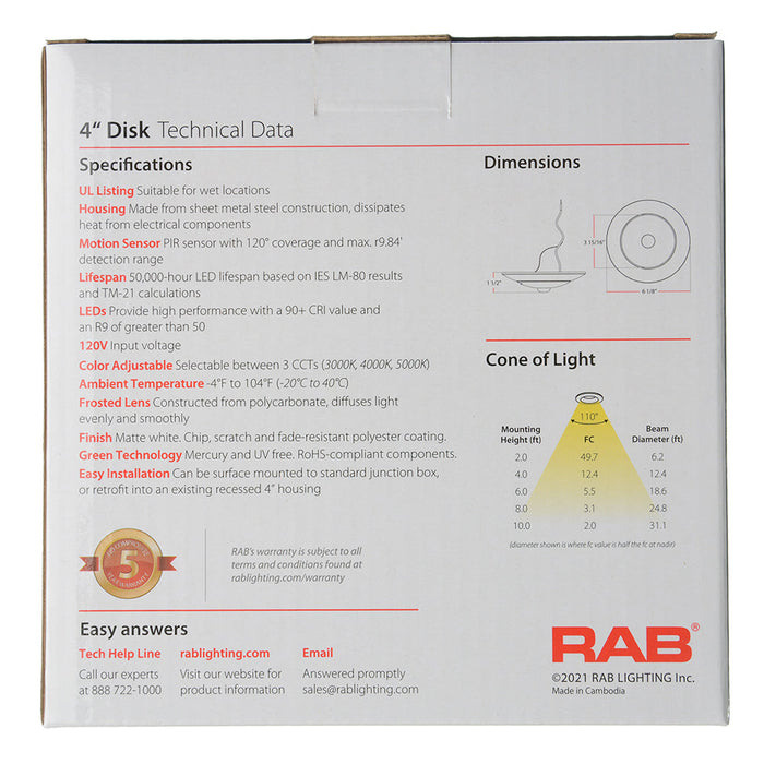 RAB Economy Disk PIR 4 Inch Round Metallic White 10W 600Lm 120V 3000K/4000K/5000K 90 CRI Triac Dimming (DSKFA-4R109CCT120WS/PIR)