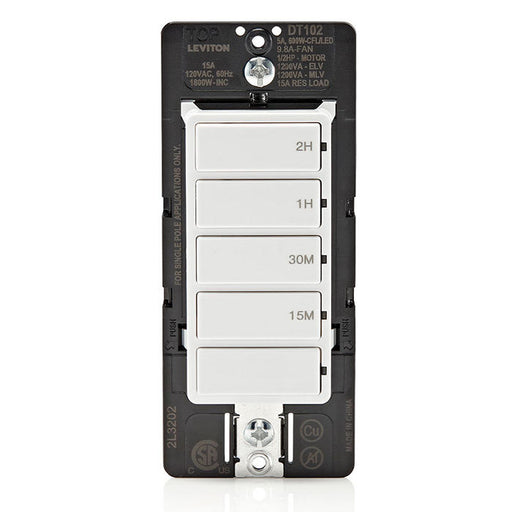 Leviton White 15A Single Pole Decora In-Wall 2-Hour Countdown Timer Switch 5-Button 15/30 Minutes/1/2 Hours (DT102-1LW)