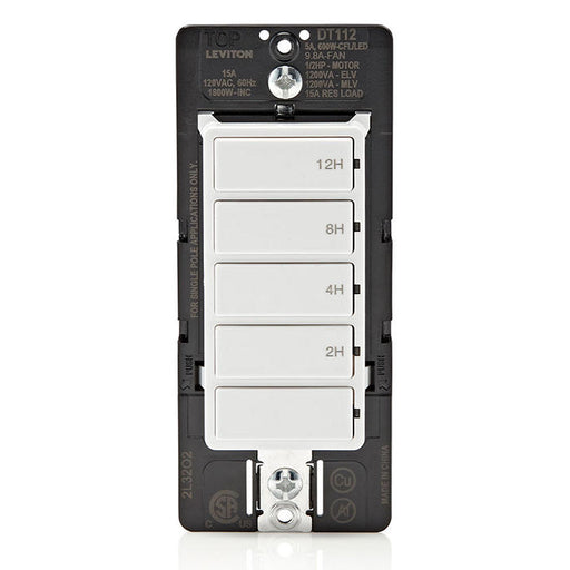 Leviton White 15A Single Pole Decora In-Wall 12-Hour Countdown Timer Switch 5-Button 2/4/8/12 Hours (DT112-1LW)