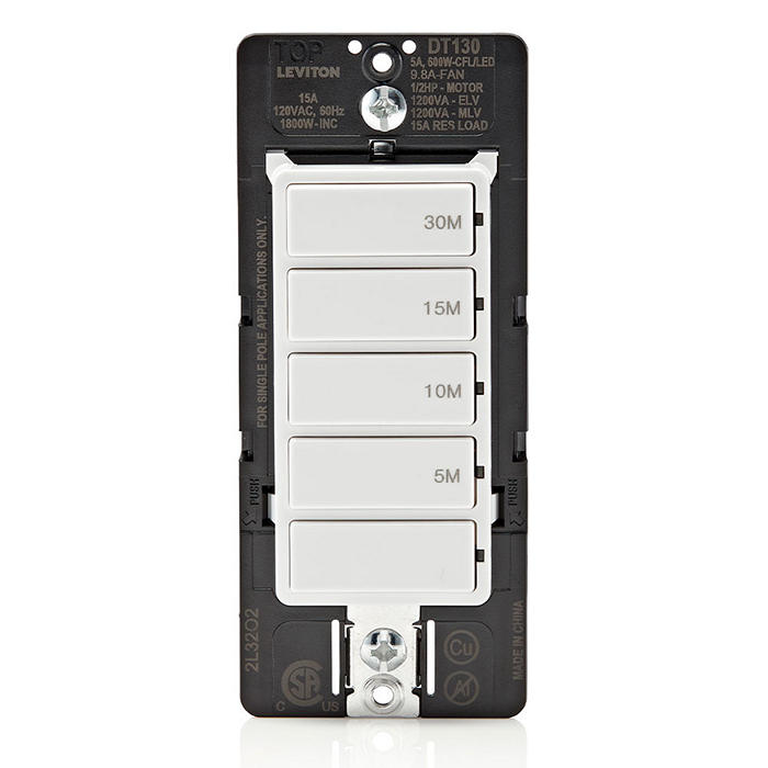 Leviton White 15A Single Pole Decora In-Wall 30-Minute Countdown Timer Switch 5-Button 5/10/15/30 Minutes (DT130-1LW)