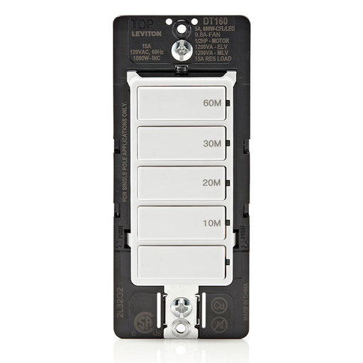 Leviton White 15A Single Pole Decora In-Wall 60-Minute Countdown Timer Switch 5-Button 10/20/30/60 Minutes (DT160-1LW)