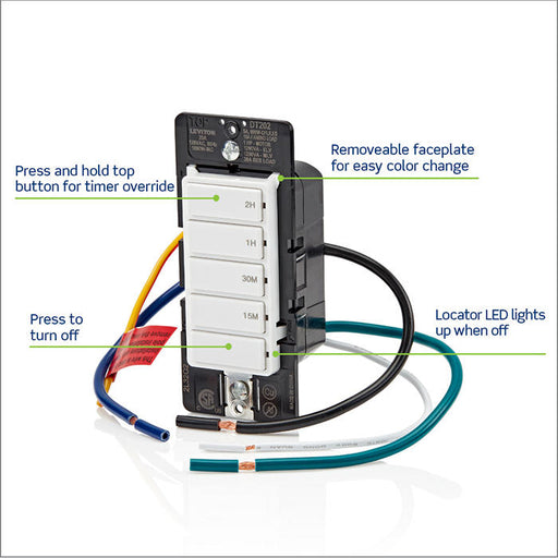 Leviton White 20A Single Pole/Multi-Way/Multi Timer Decora In-Wall 2-Hour Countdown Timer Switch 5-Button 15/30 Minutes/1/2 Hours (DT202-1LW)