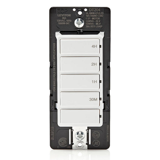 Leviton White 20A Single Pole/Multi-Way/Multi Timer Decora In-Wall 4-Hour Countdown Timer Switch 5-Button 30 Minute/1/2/4 Hours (DT204-1LW)