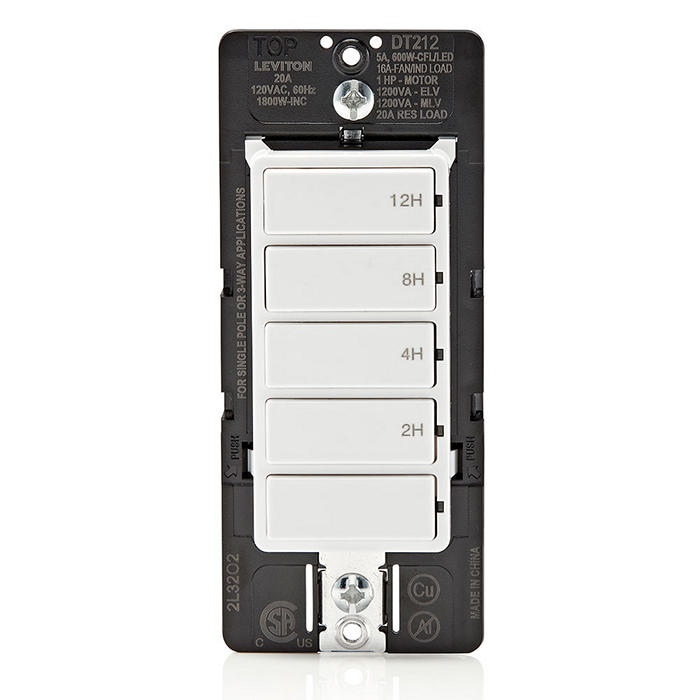 Leviton White 20A Single Pole/Multi-Way/Multi Timer Decora In-Wall 12-Hour Countdown Timer Switch 5-Button 2/4/8/12 Hours (DT212-1LW)