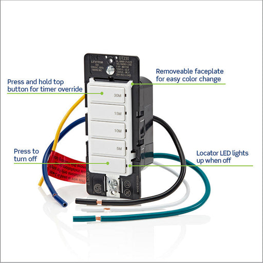 Leviton White 20A Single Pole/Multi-Way/Multi Timer Decora In-Wall 30-Minute Countdown Timer Switch 5-Button 5/10/15/30 Minutes (DT230-1LW)