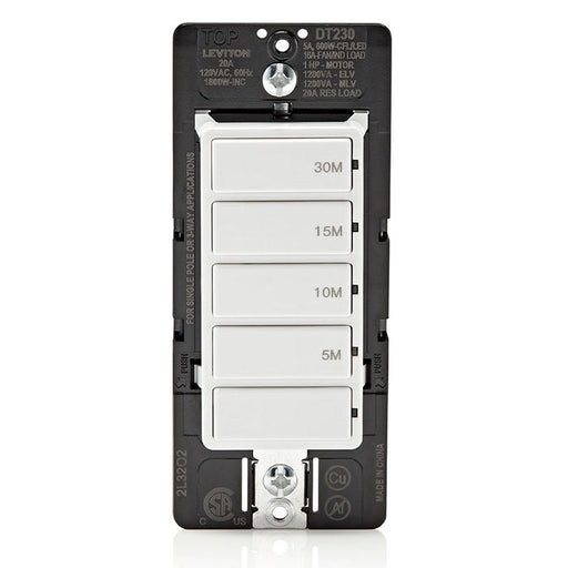 Leviton White 20A Single Pole/Multi-Way/Multi Timer Decora In-Wall 30-Minute Countdown Timer Switch 5-Button 5/10/15/30 Minutes (DT230-1LW)