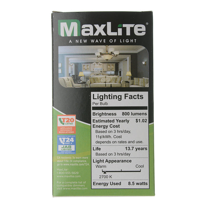 Maxlite 110551 Enclosed Frosted Filament 8.5W A19 Dimmable 90 CRI 2700K JA8 Generation 1 (EFF8.5A19D927/JA81)
