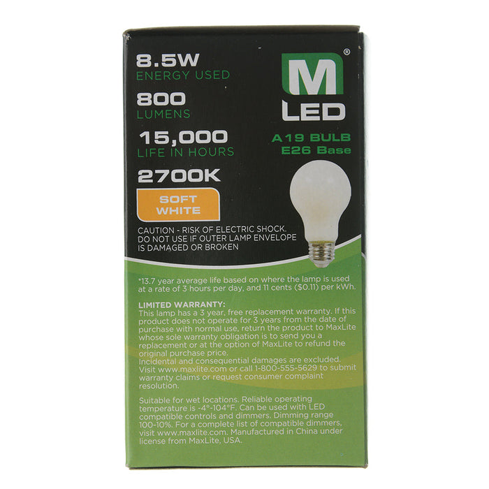 Maxlite 110551 Enclosed Frosted Filament 8.5W A19 Dimmable 90 CRI 2700K JA8 Generation 1 (EFF8.5A19D927/JA81)