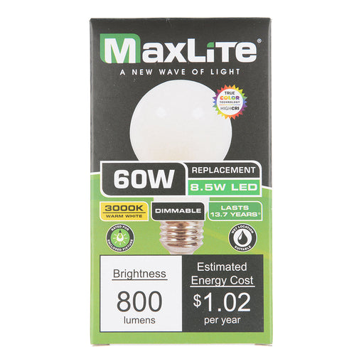 Maxlite 110552 Enclosed Frosted Filament 8.5W A19 Dimmable 90 CRI 3000K JA8 Generation 1 (EFF8.5A19D930/JA81)