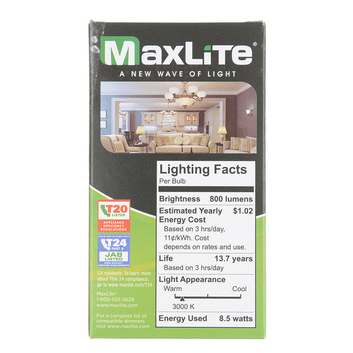 Maxlite 110552 Enclosed Frosted Filament 8.5W A19 Dimmable 90 CRI 3000K JA8 Generation 1 (EFF8.5A19D930/JA81)