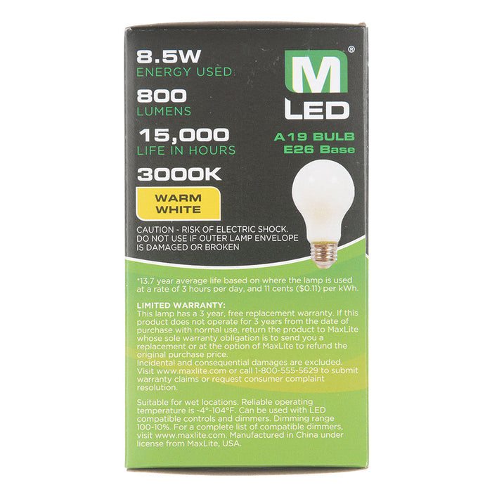 Maxlite 110552 Enclosed Frosted Filament 8.5W A19 Dimmable 90 CRI 3000K JA8 Generation 1 (EFF8.5A19D930/JA81)