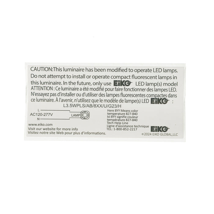 EIKO L3.5WPLS/AB/840/U/G23/H 3.5W 350Lm PLS Type A And B Plastic 80 CRI 4000K 120-277V Horizontal G23 Base (12859)