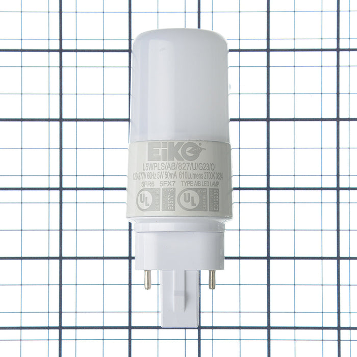 EIKO L5WPLS/AB/827/U/G23/O 5W 610Lm LED PLS Type A/B Plastic 80 CRI 2700K 120-277V Omni G23 Base (14610)